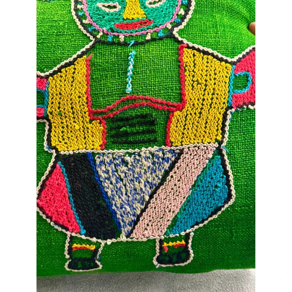 Vintage Peruvian Folk‎ Art Embroidered Wool Pillow Green Andean Figure 13x13
